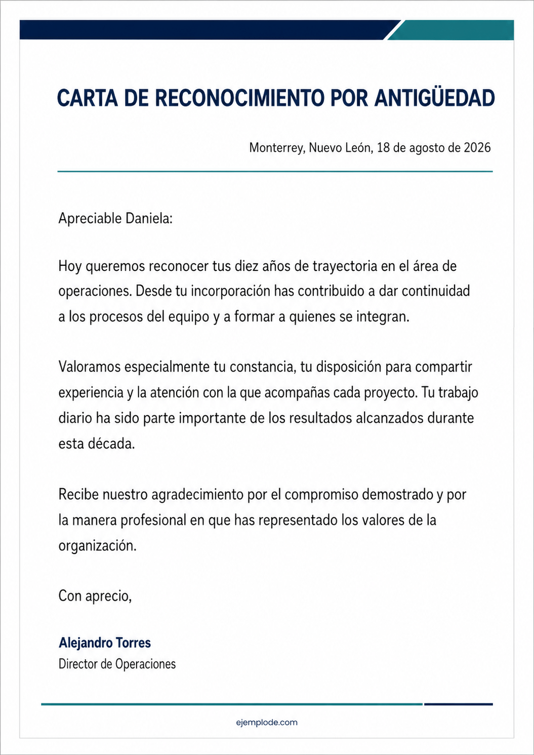 Carta completa de reconocimiento por diez años de trayectoria laboral
