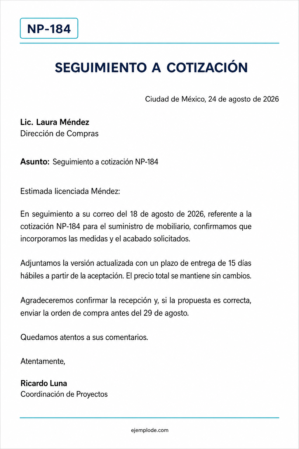 Carta completa que abre con la referencia NP-184 y solicita confirmar una cotización actualizada