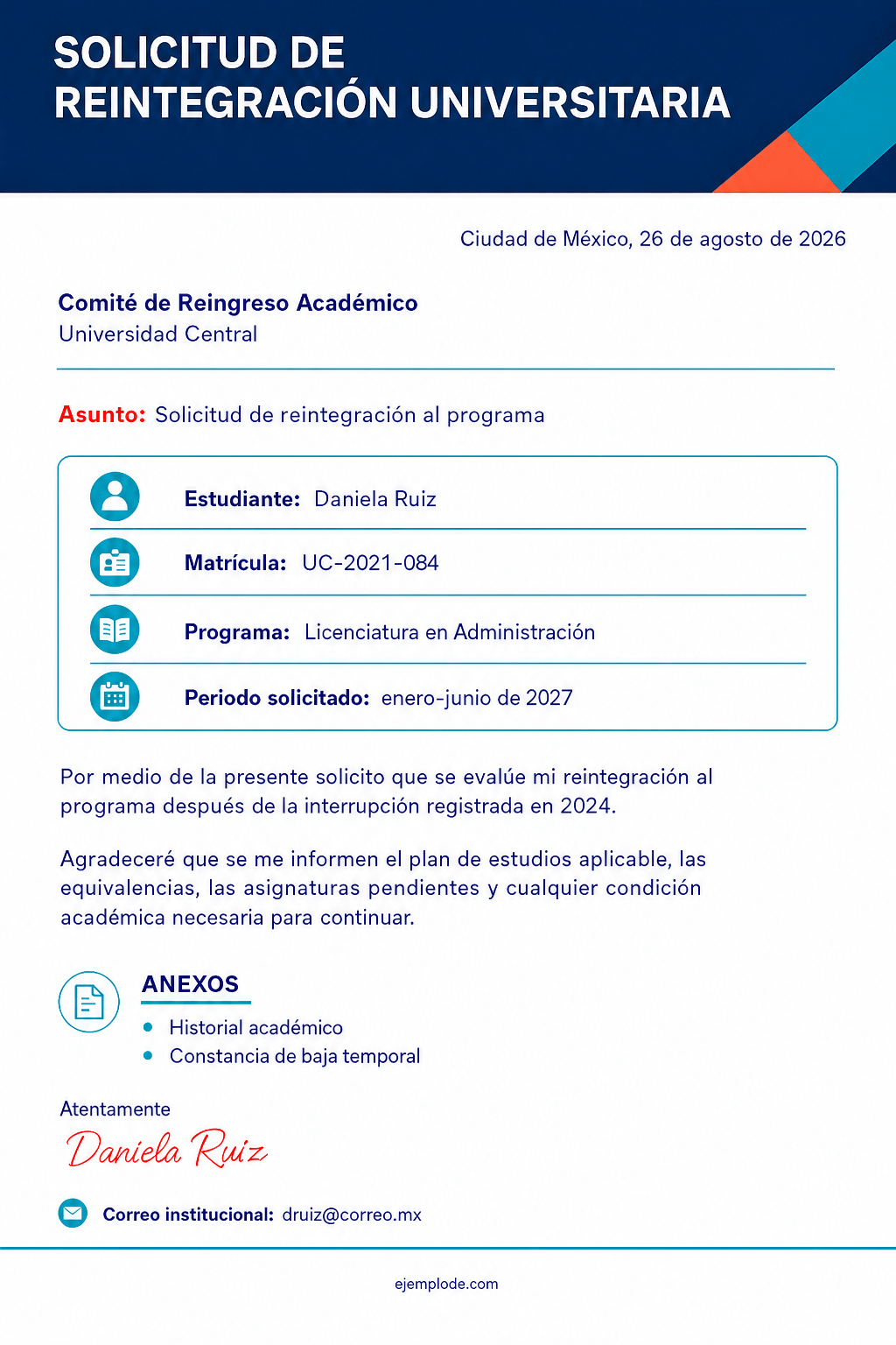Solicitud visual de reintegración de Daniela Ruiz a Administración para enero-junio de 2027