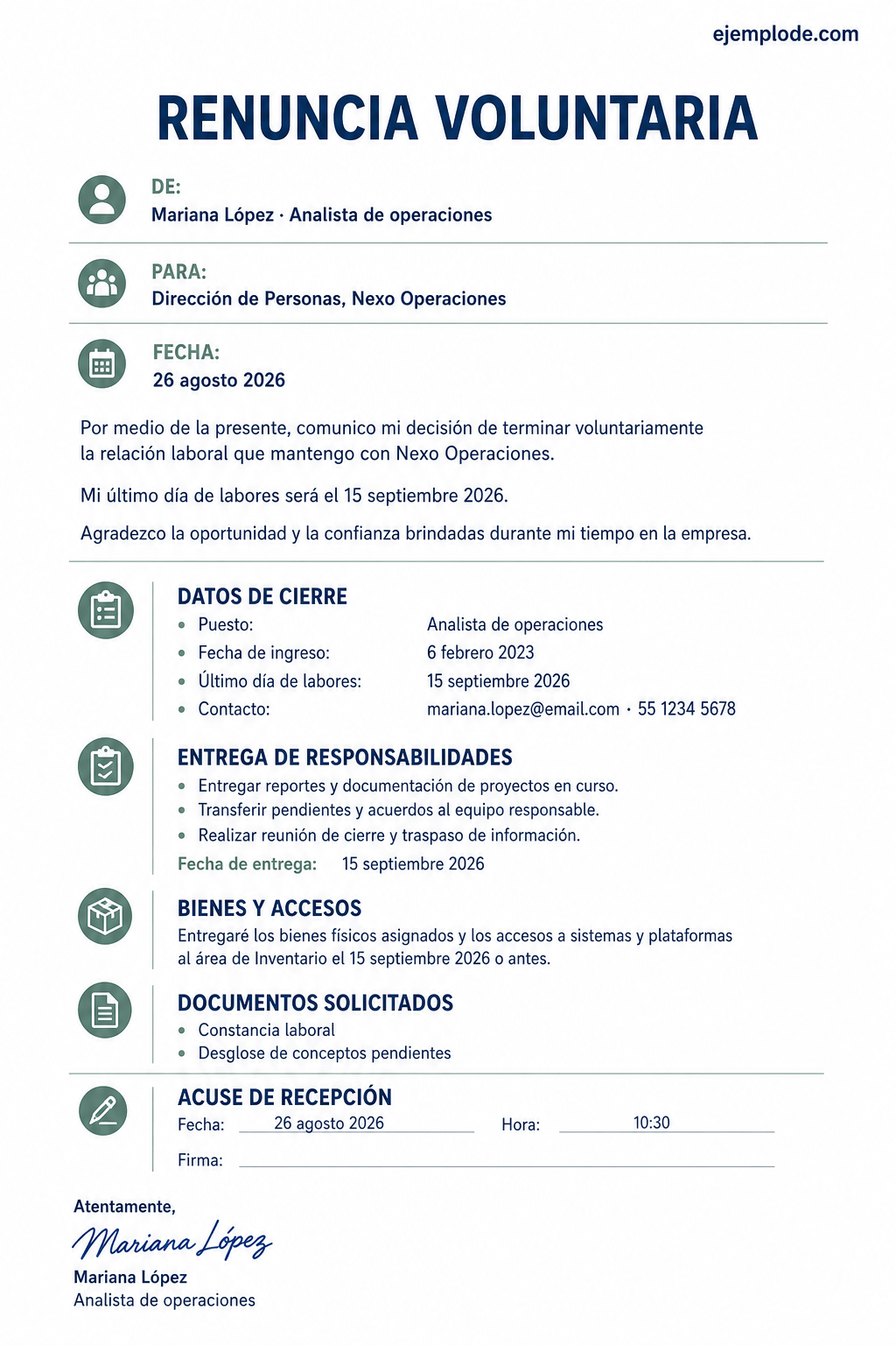 Carta de renuncia voluntaria completa con fecha efectiva, entrega de responsabilidades y acuse