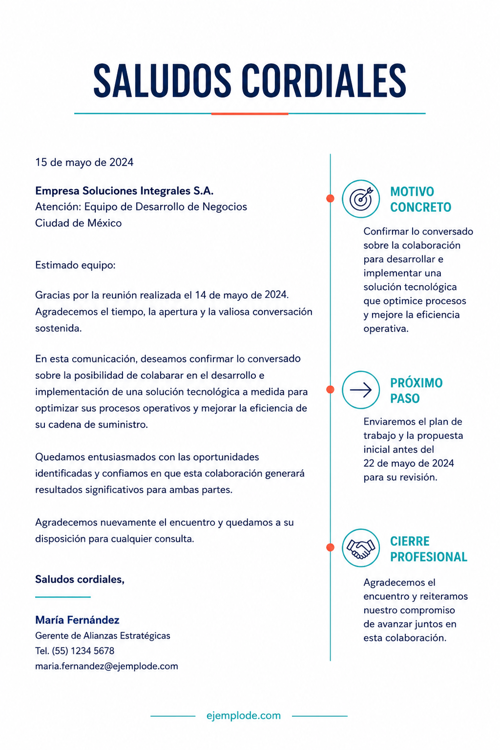 Carta profesional de saludos cordiales después de una reunión