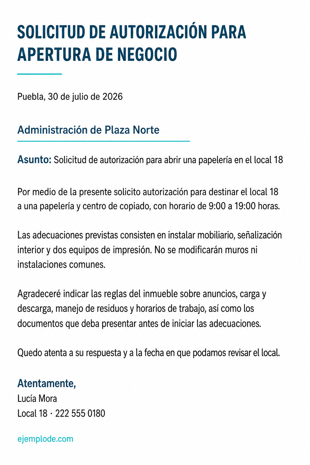 Carta completa dirigida a la administración de Plaza Norte para solicitar autorización de apertura de una papelería