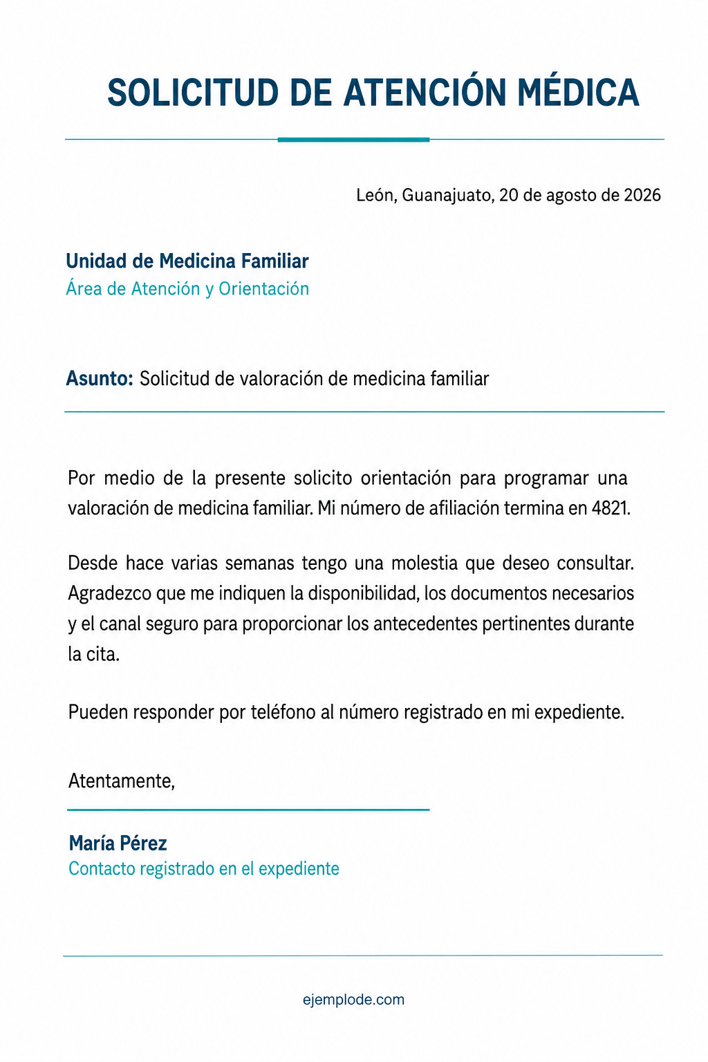Carta completa de solicitud administrativa para una valoración de medicina familiar