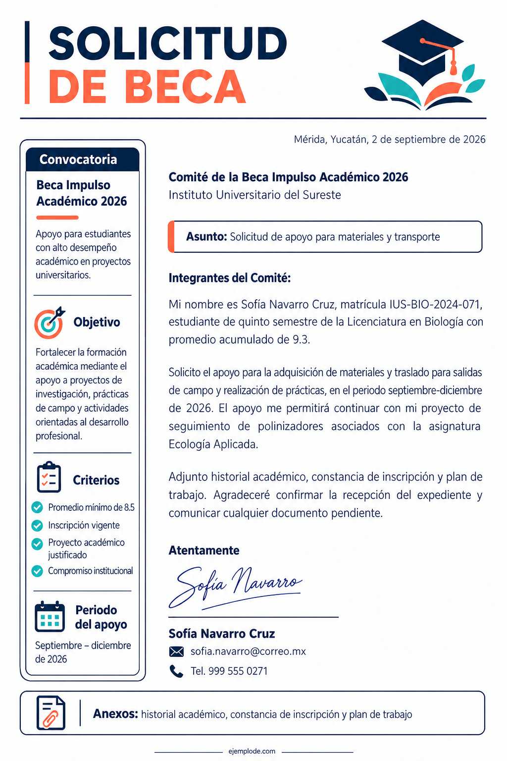 Carta completa vinculada con una convocatoria, criterios académicos, objetivo y anexos
