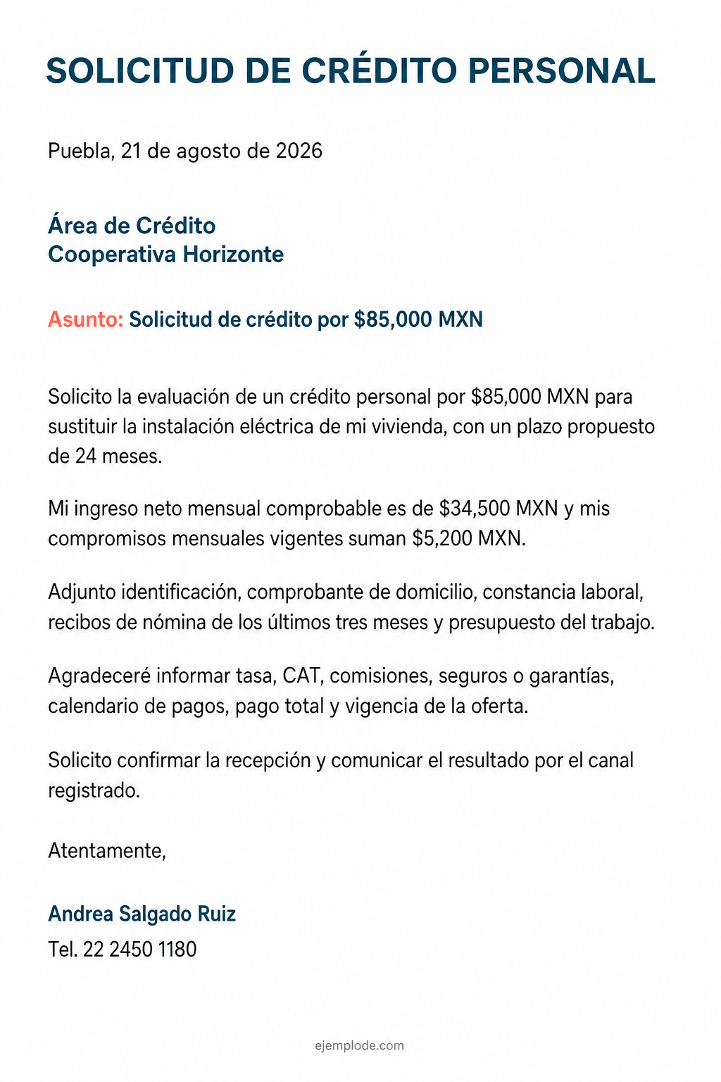 Carta completa de solicitud de crédito personal con importe, finalidad, capacidad de pago y documentos