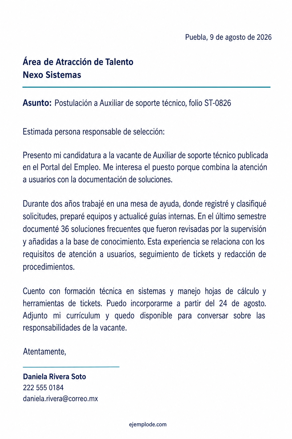 Carta completa de solicitud de empleo para una vacante de soporte técnico