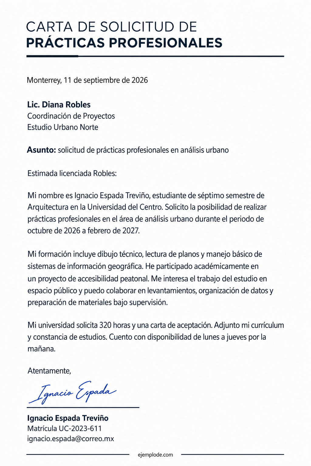 Carta completa de solicitud de prácticas profesionales con área, aportaciones, disponibilidad, horas y anexos
