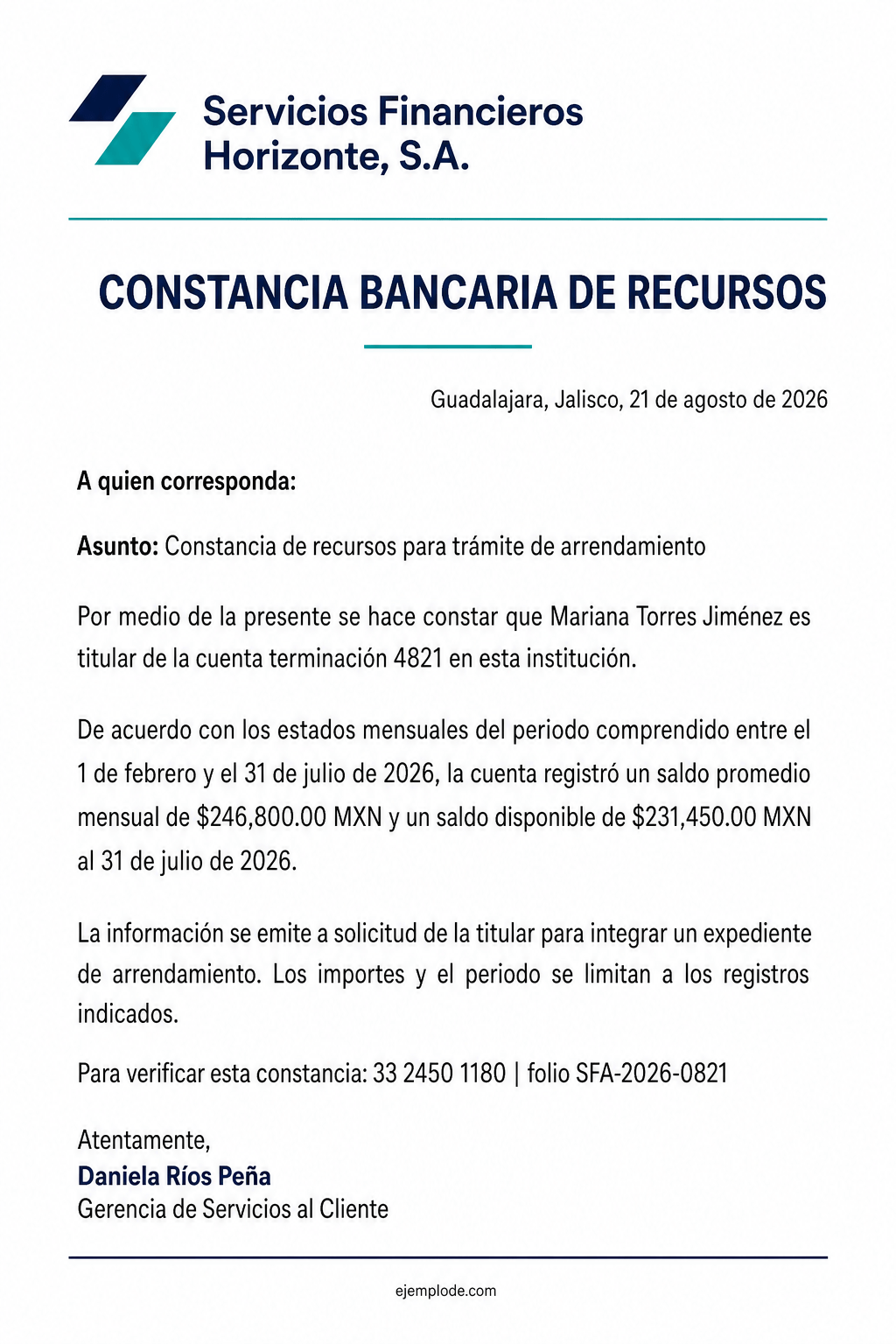 Carta bancaria completa con cuenta enmascarada, periodo, saldo promedio, saldo al corte y verificación
