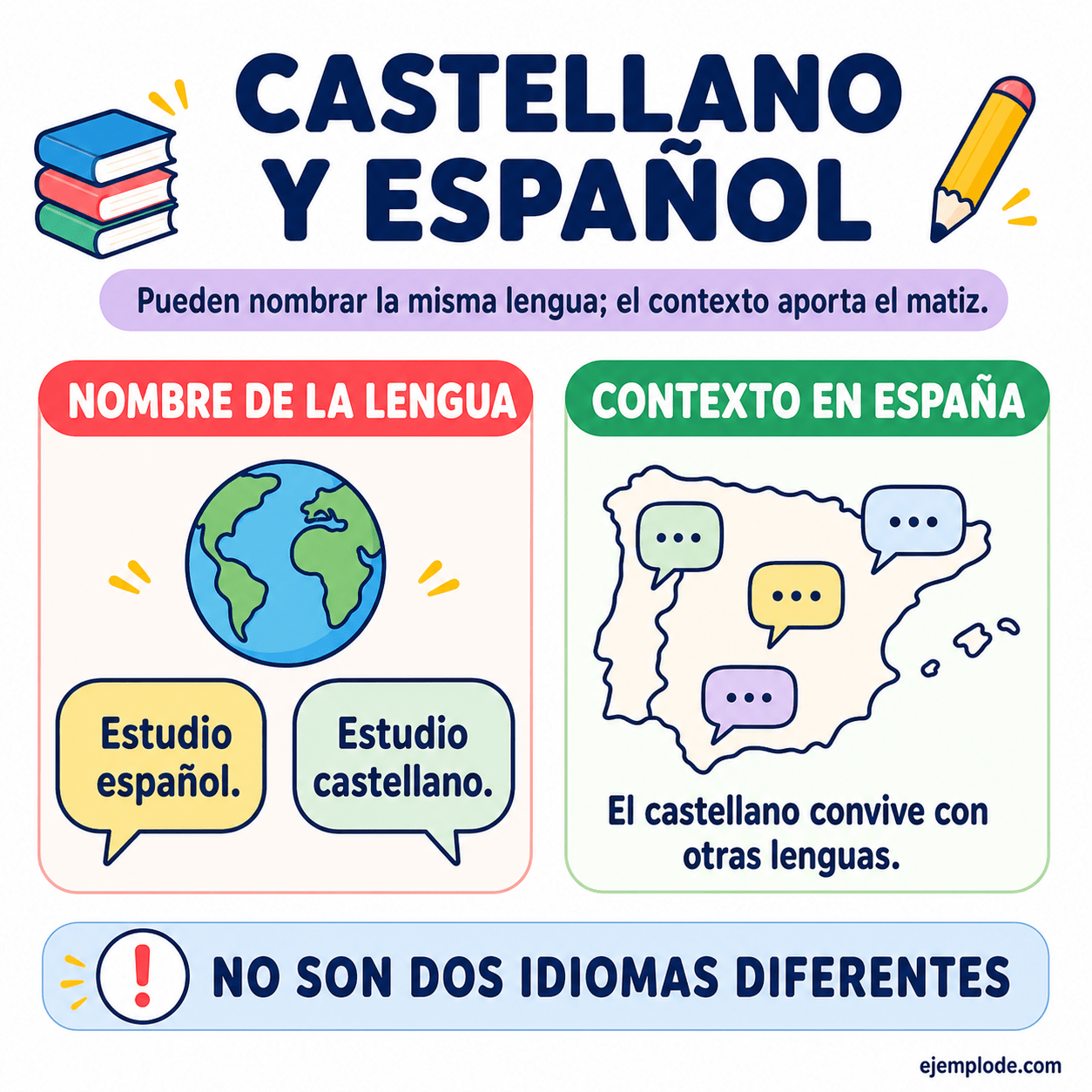Infografía educativa sobre Similitud de conceptos: lengua castellana y española con ejemplos y claves de reconocimiento