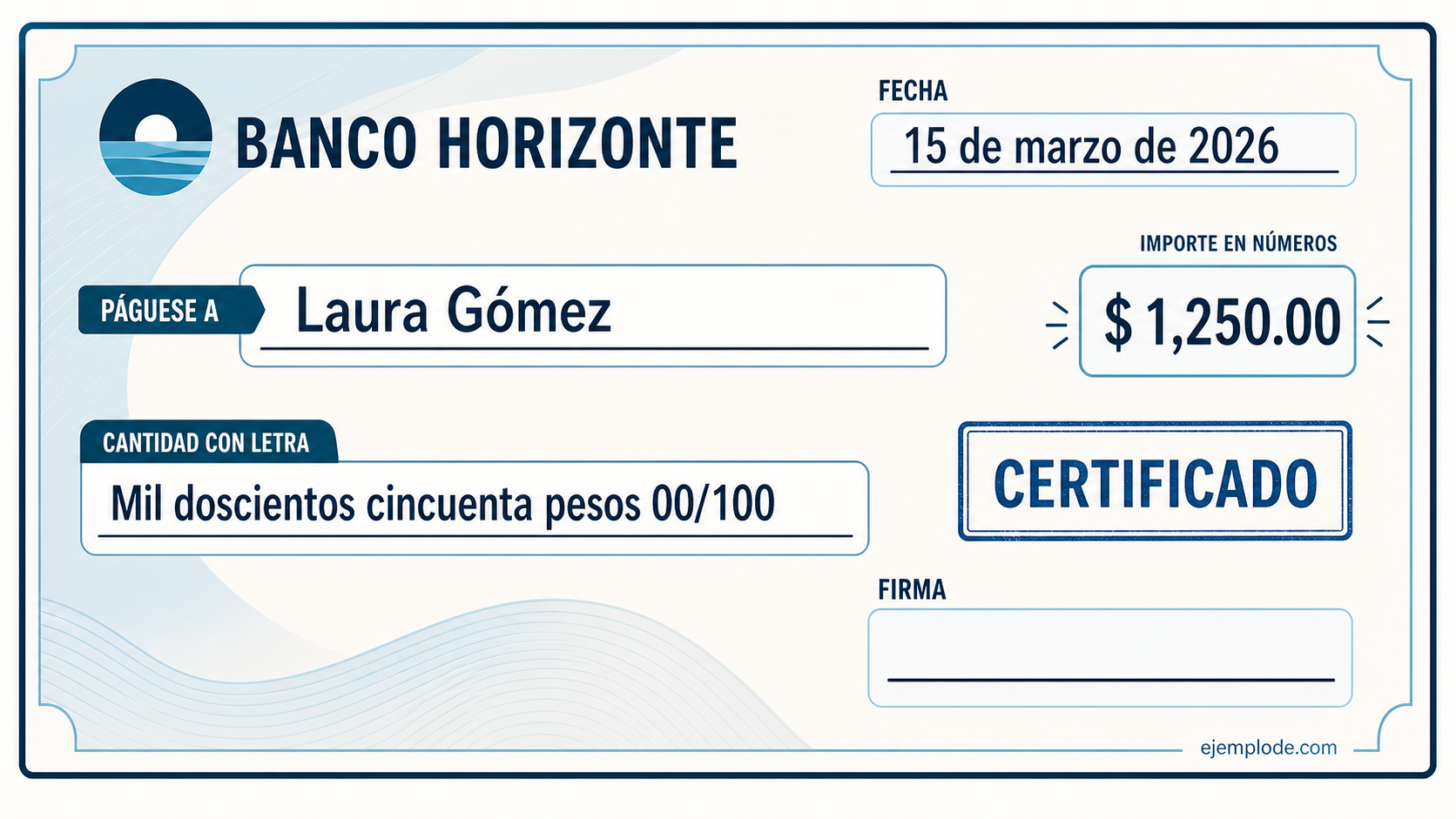 Cheque genérico con sello certificado y campos bancarios en blanco