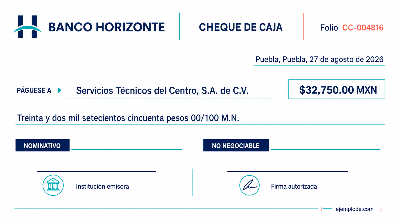 Cheque de caja nominativo emitido por una institución