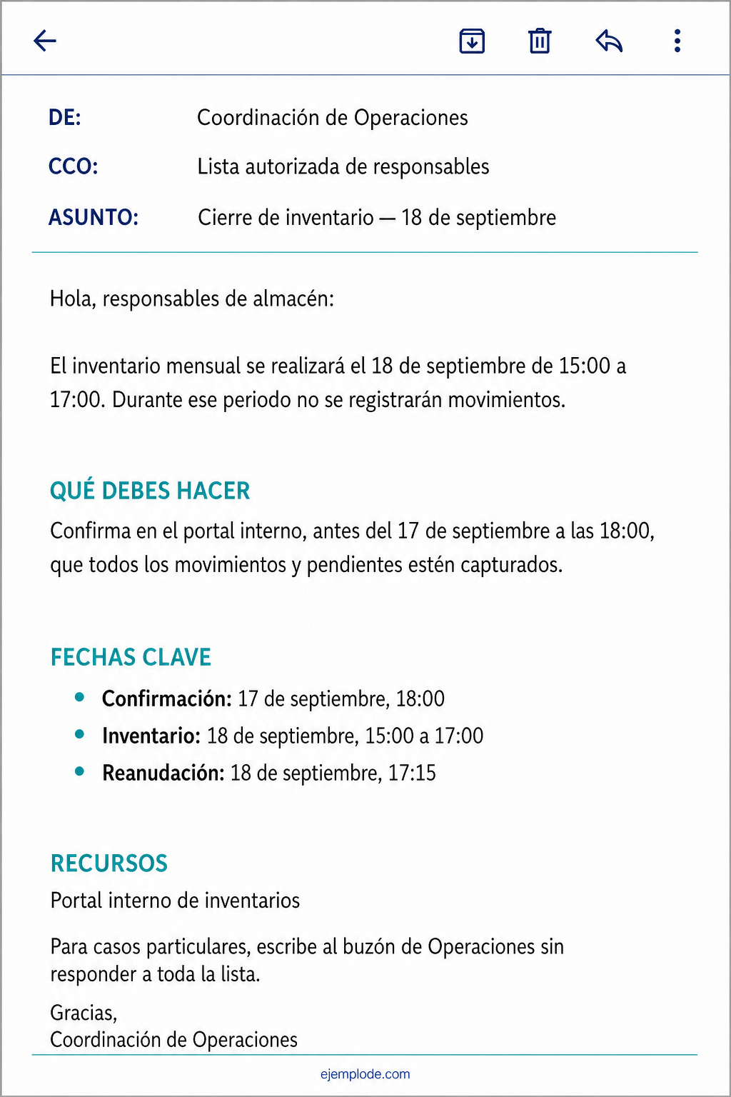 Correo circular completo para responsables de almacén sobre el cierre mensual de inventario