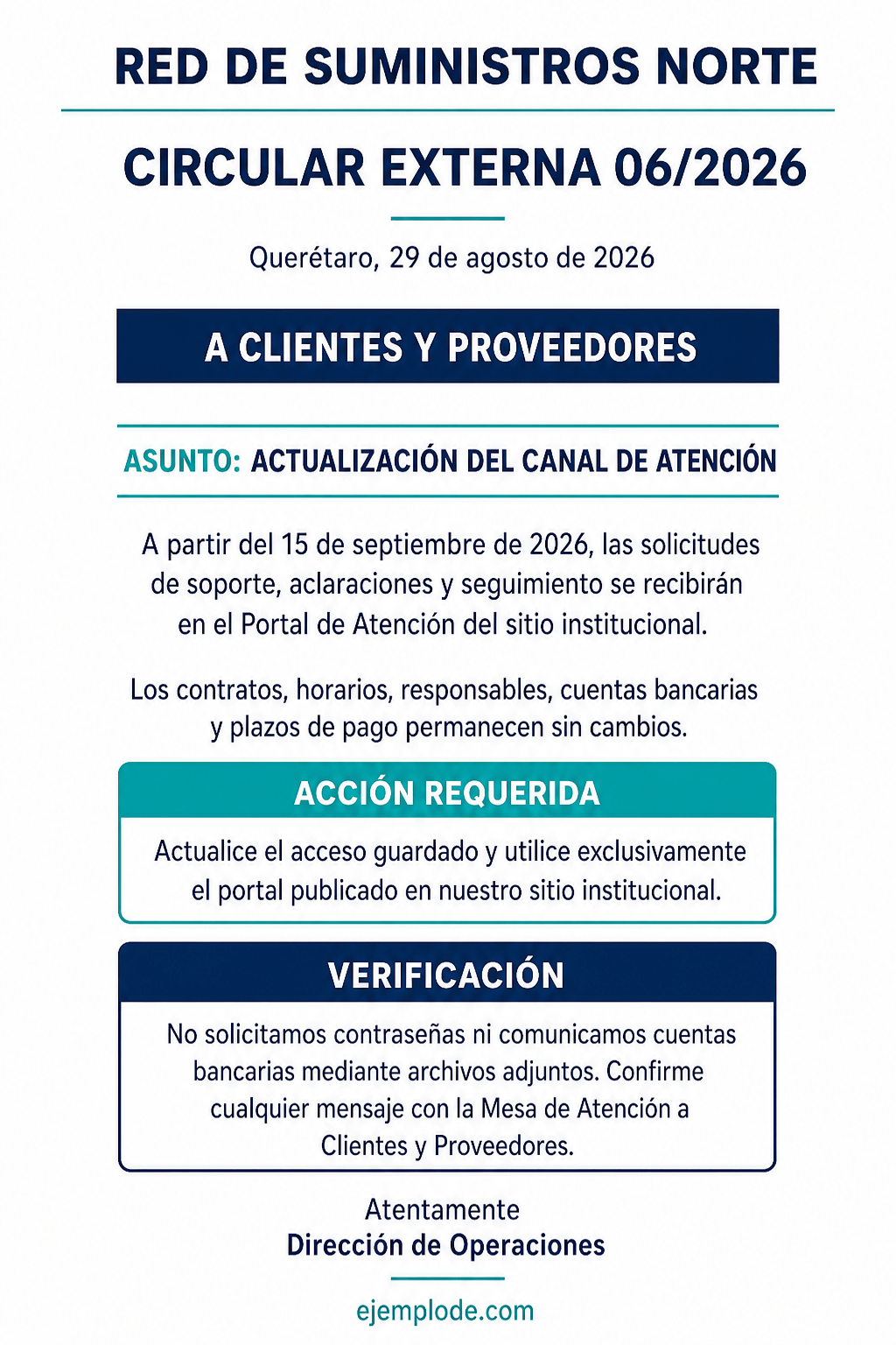 Circular externa completa para clientes y proveedores sobre la actualización del canal de atención
