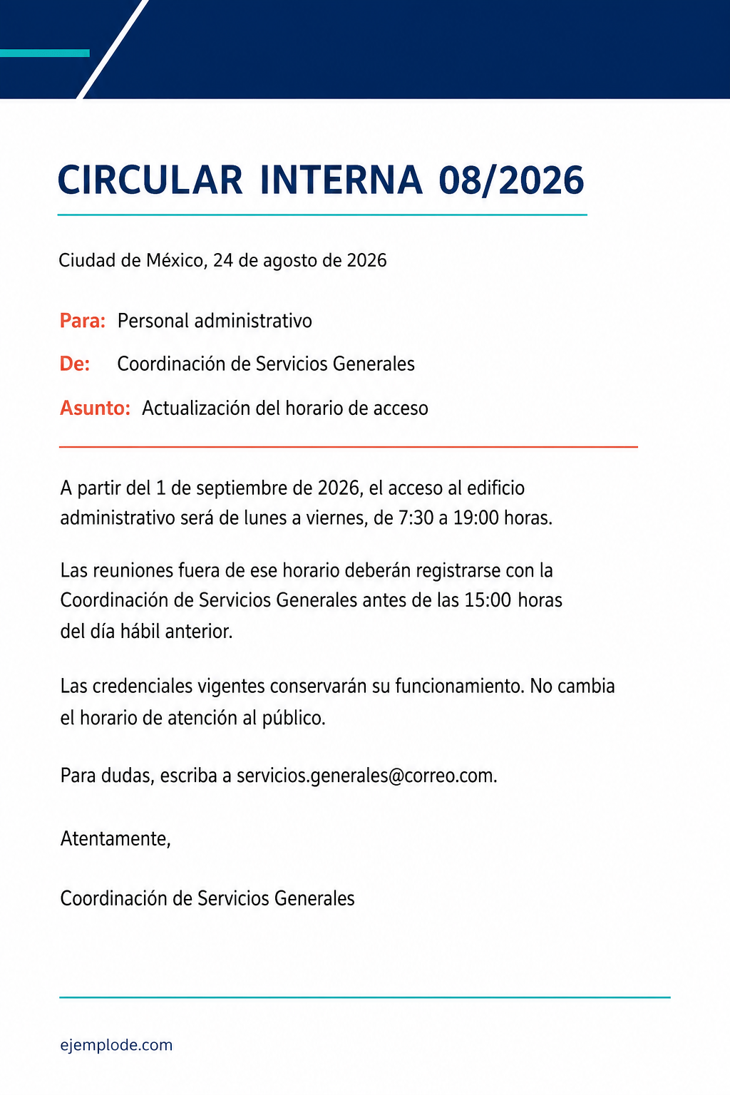 Circular interna completa y convencional sobre una actualización del horario de acceso