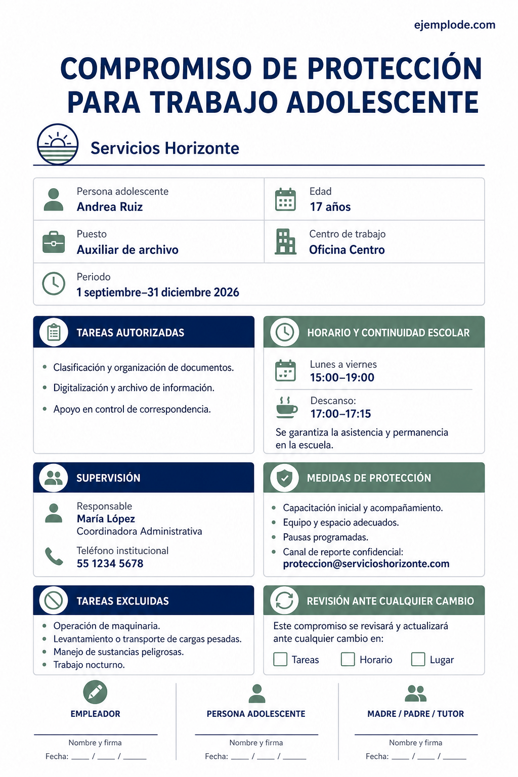 Compromiso laboral completo para adolescente con tareas, horario, supervisión y medidas de seguridad