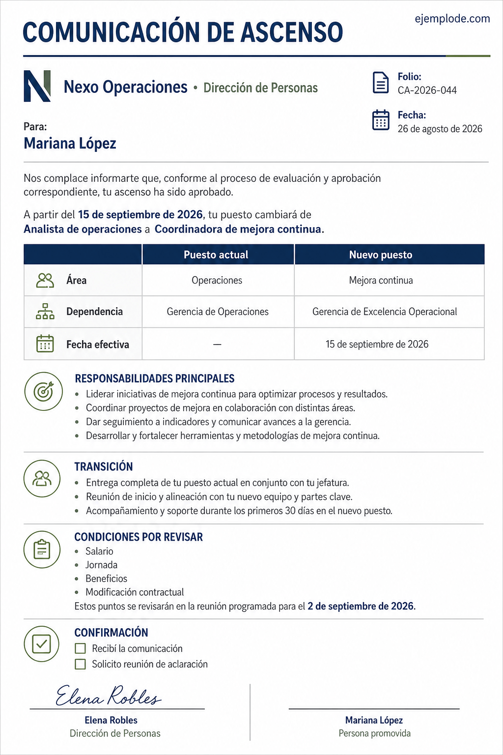Comunicación completa de ascenso con puesto, fecha efectiva, transición y condiciones