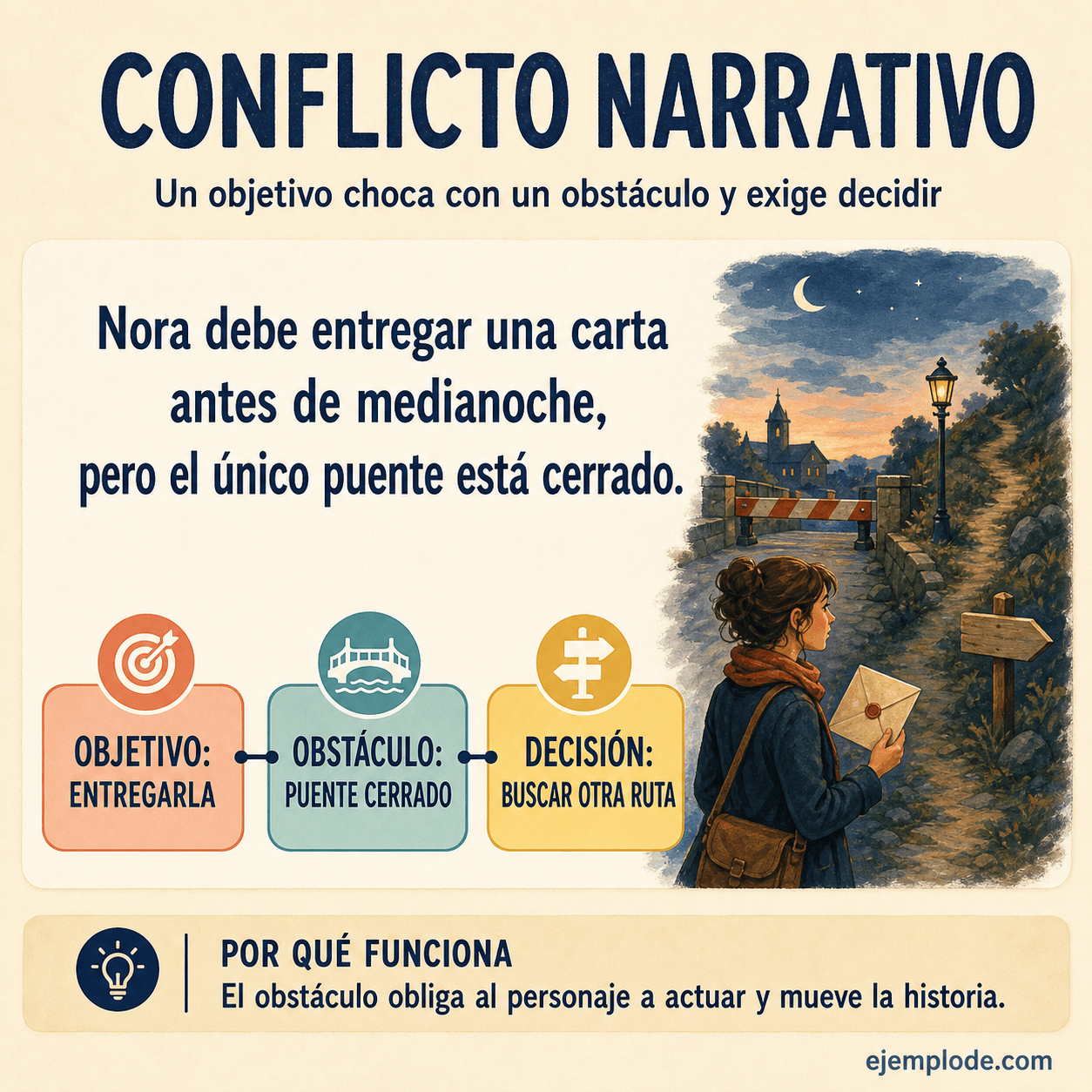 Explicación visual de Conflicto narrativo con un ejemplo didáctico