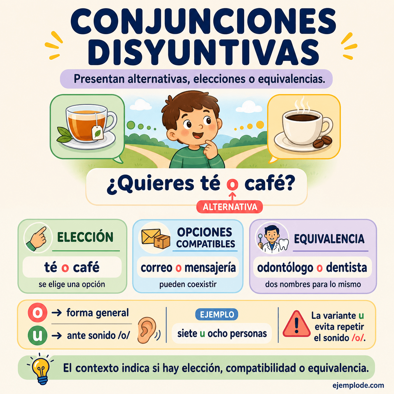 Infografía educativa sobre Conjunciones disyuntivas con ejemplos y claves de reconocimiento