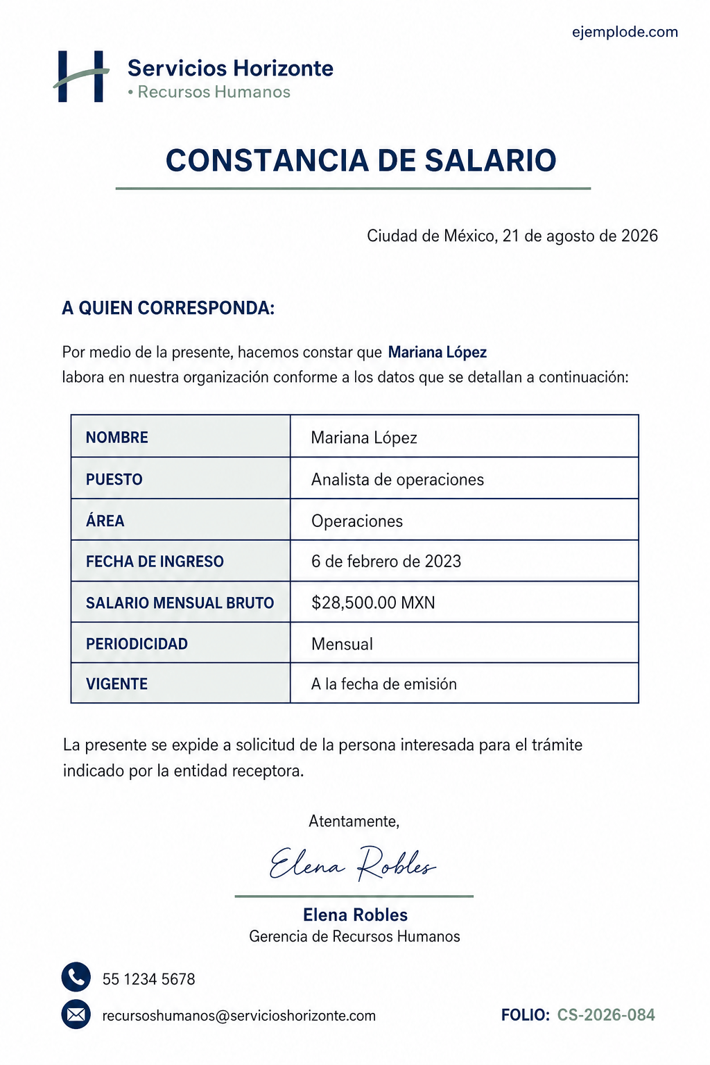 Constancia de salario completa con puesto, antigüedad, importe bruto mensual, folio y firma