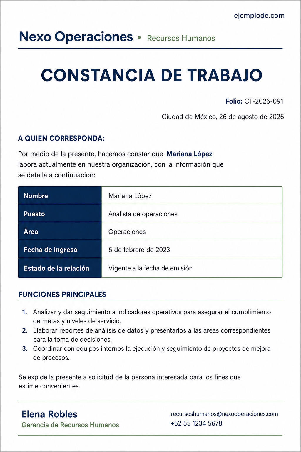 Constancia de trabajo completa con puesto, fecha de ingreso, relación vigente, funciones y verificación