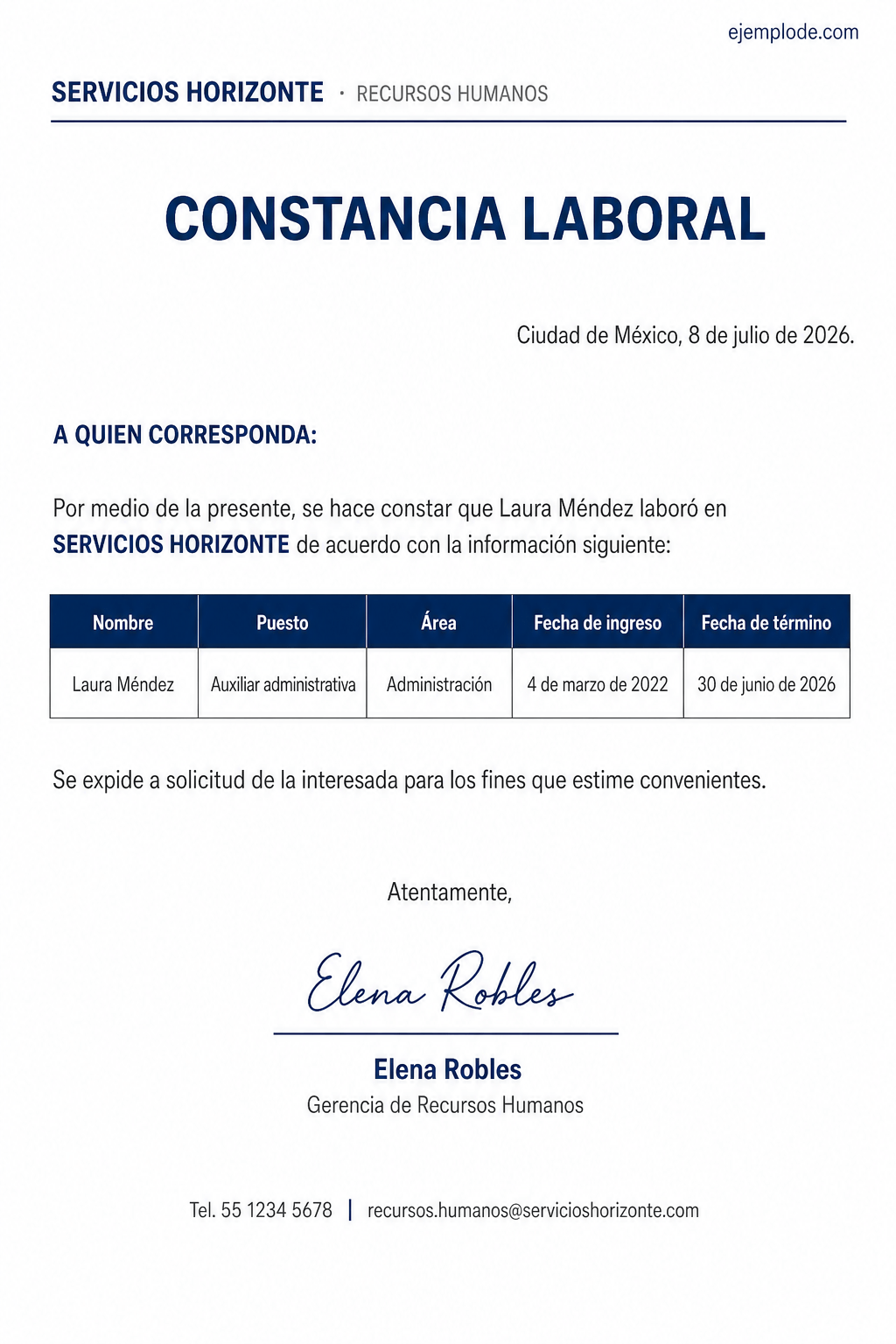 Constancia laboral de Laura Méndez con puesto, área y periodo trabajado