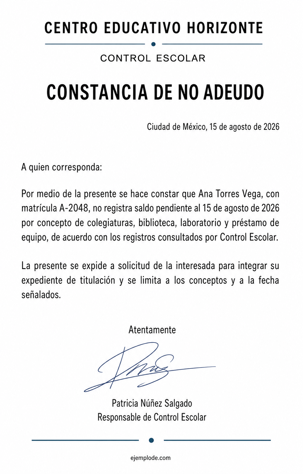 Constancia escolar de no adeudo completa con conceptos y fecha de corte