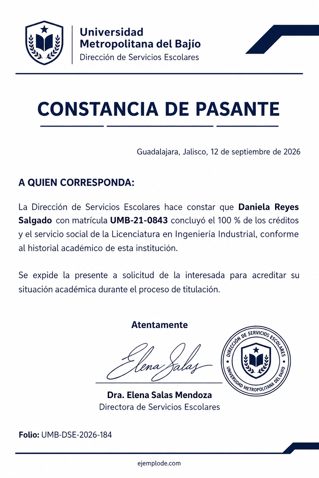 Constancia institucional completa de pasante con datos académicos, finalidad, firma, sello y folio