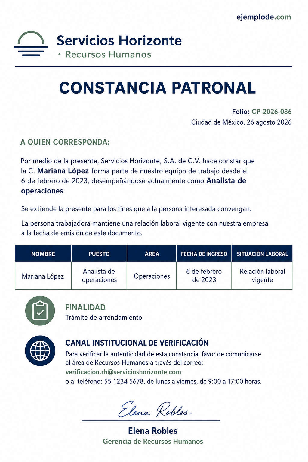 Constancia patronal de relación laboral para un trámite de arrendamiento