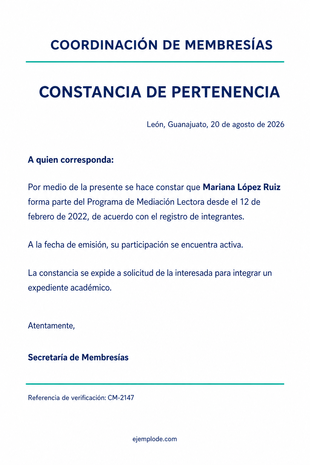 Constancia completa de pertenencia emitida por una coordinación de membresías