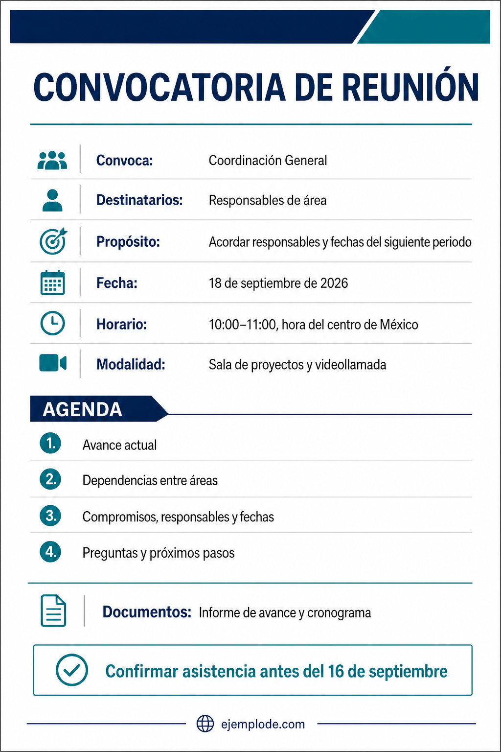 Convocatoria de reunión terminada con propósito, agenda, fecha, hora y confirmación
