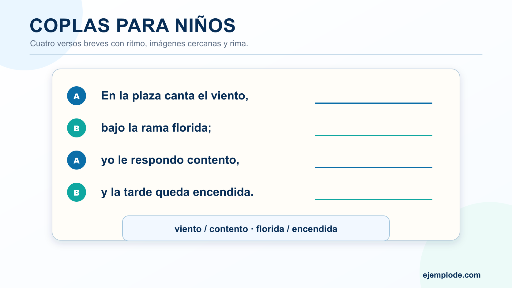 Copla infantil de cuatro versos con las terminaciones viento, florida, contento y encendida agrupadas por rima