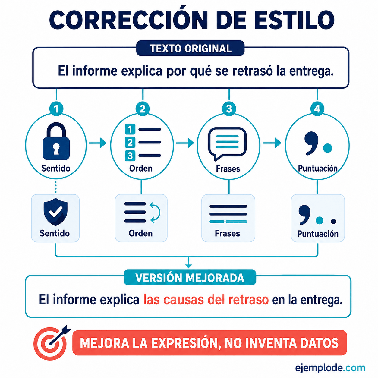 Explicación visual de Corrección de estilo: cómo revisar y mejorar un texto con un ejemplo didáctico