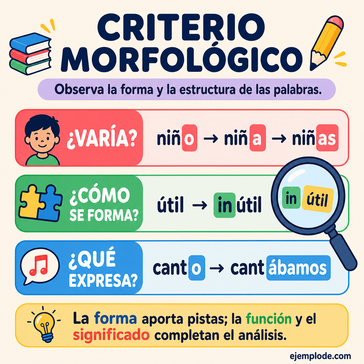 Infografía educativa sobre Criterio morfológico con ejemplos y claves de reconocimiento