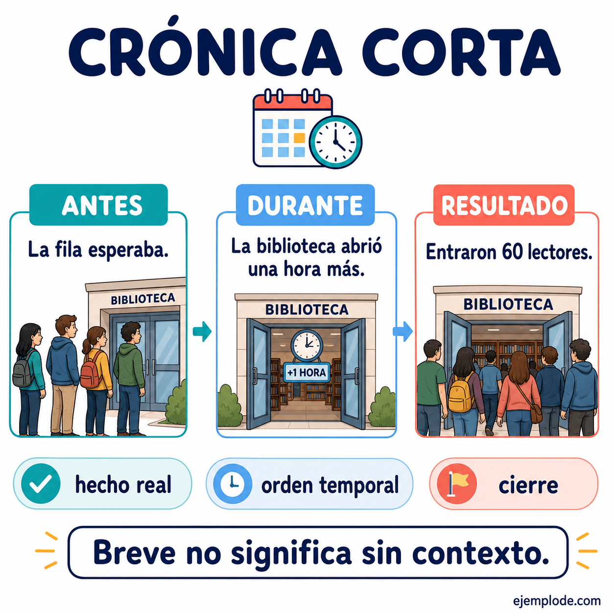 Explicación visual de Crónica corta con un ejemplo didáctico