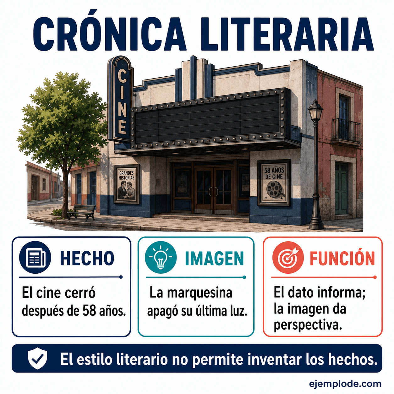 Explicación visual de Crónica literaria con un ejemplo didáctico