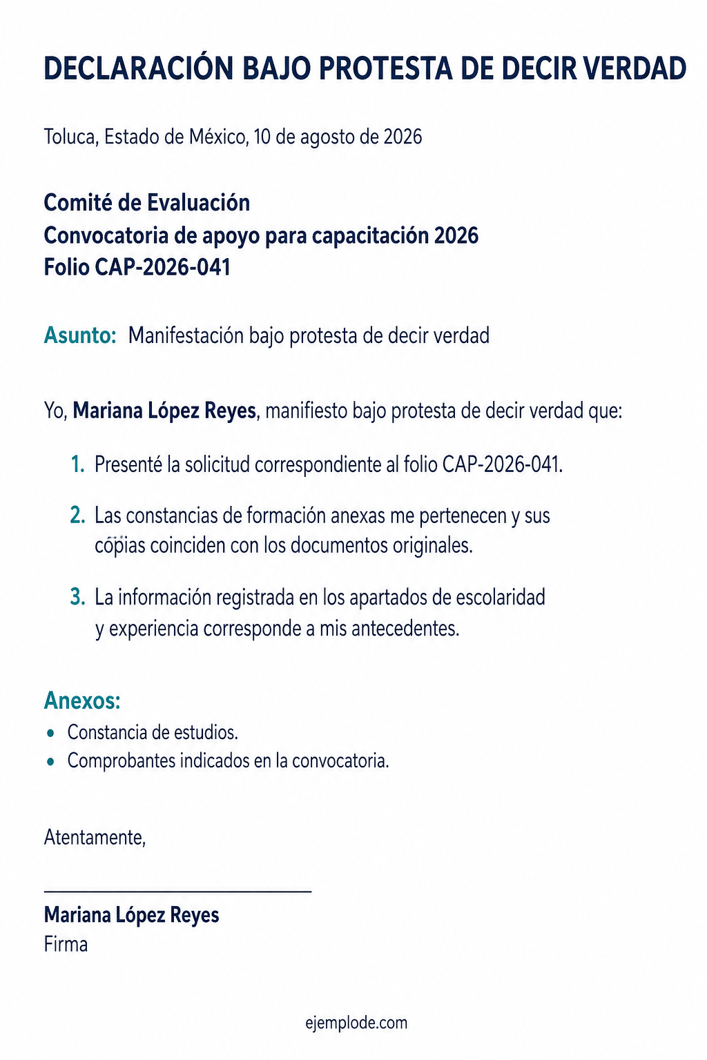 Declaración bajo protesta completa para una convocatoria de apoyo a capacitación