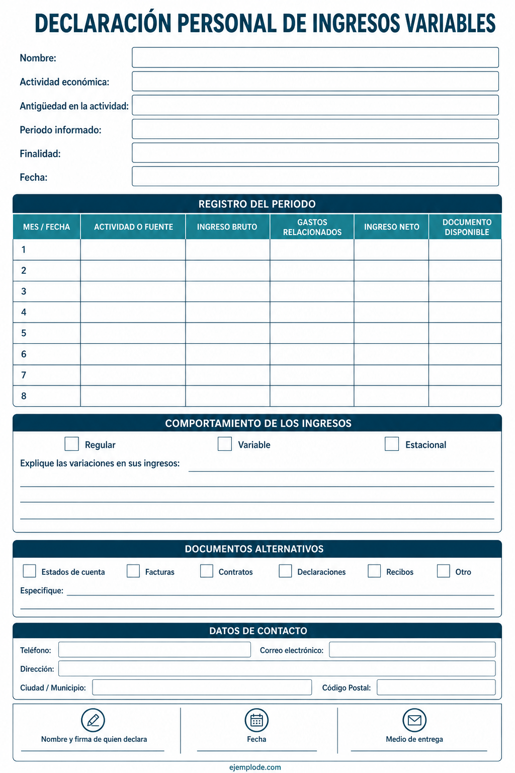 Formato vacío para calcular ingresos variables por mes y relacionar documentos de respaldo