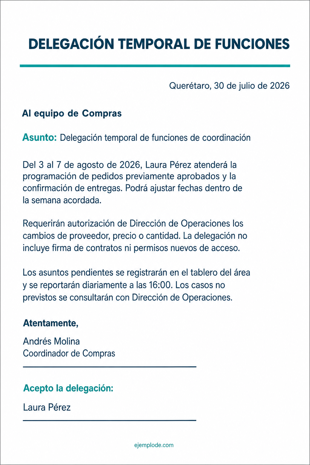Carta completa de delegación temporal de funciones de Compras