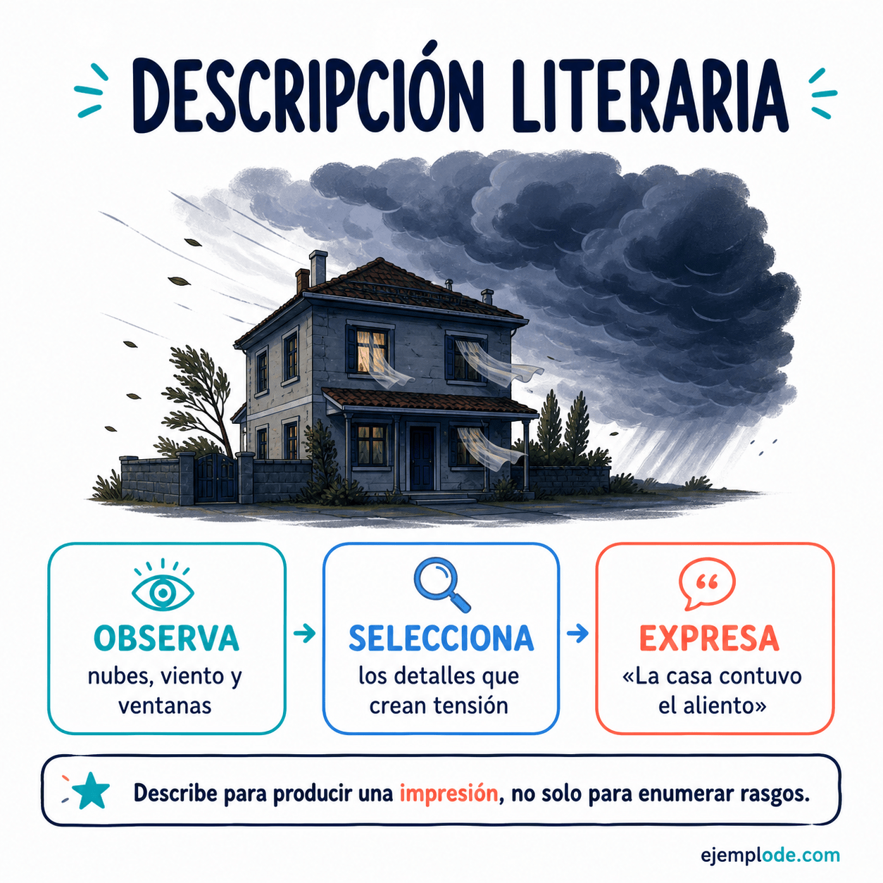 Explicación visual de Descripción literaria con un ejemplo didáctico