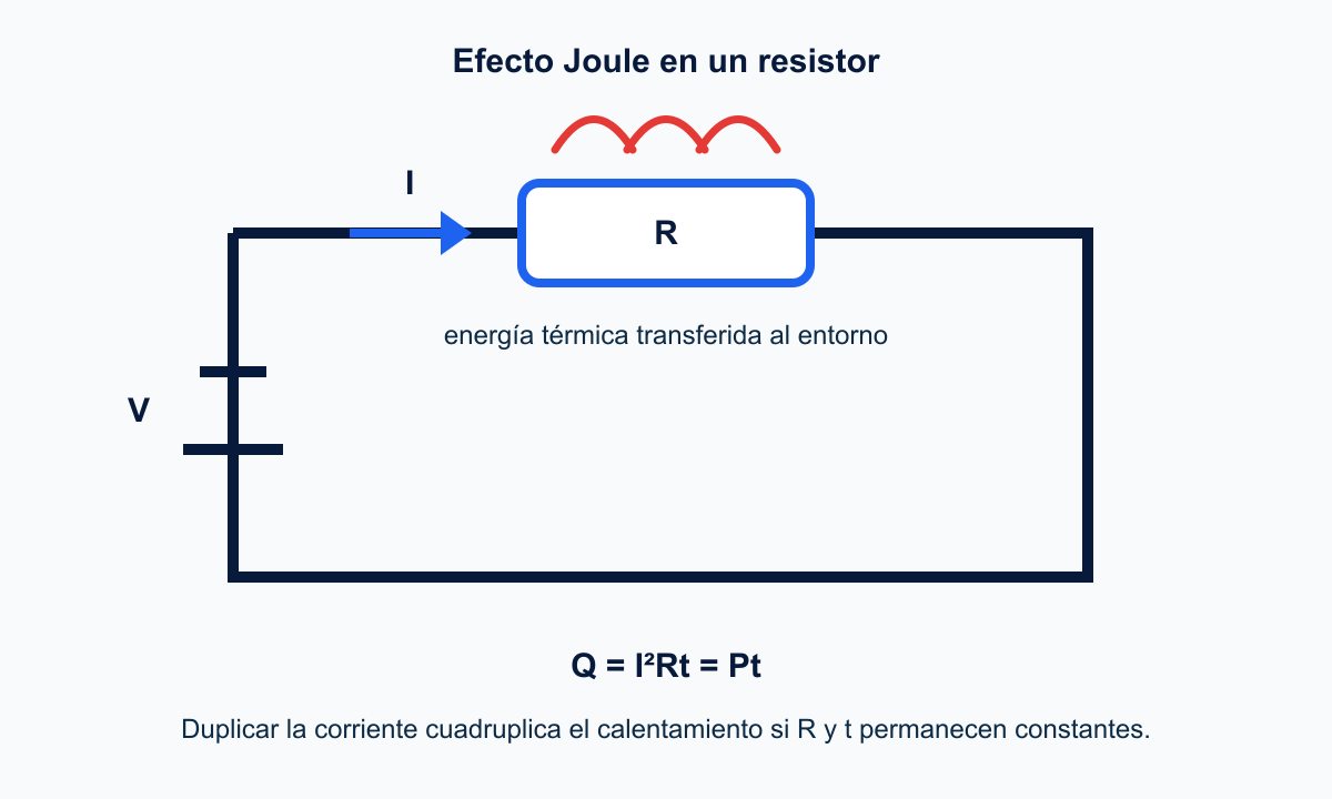 Circuito con batería, corriente y resistor que libera energía térmica por efecto Joule.