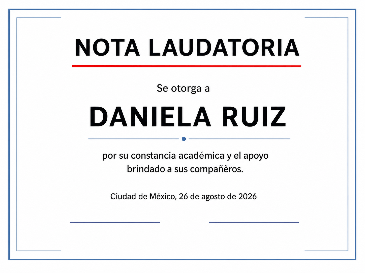 Ejemplo de nota laudatoria otorgada a Daniela Ruiz por constancia académica