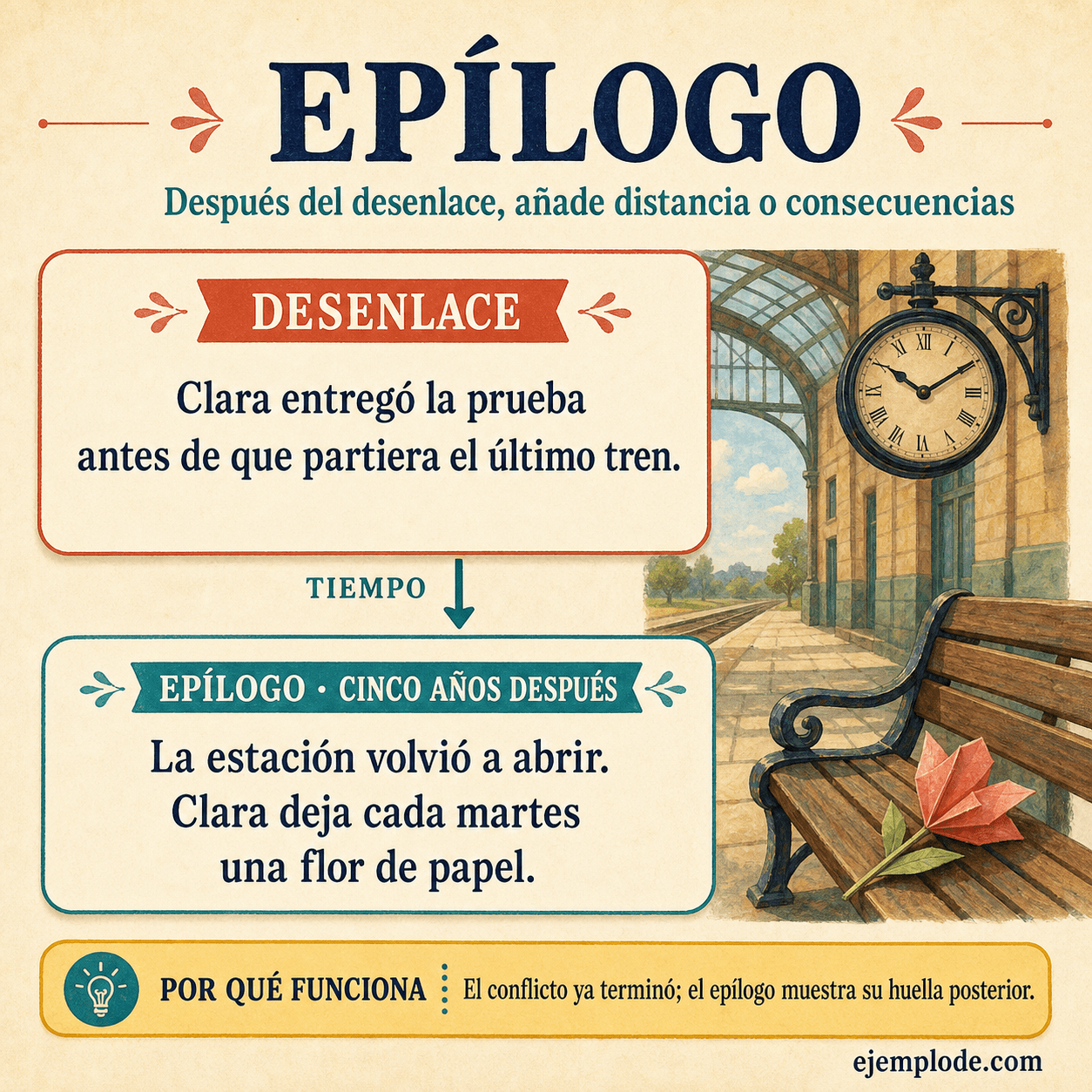 Explicación visual de Epílogo con un ejemplo didáctico