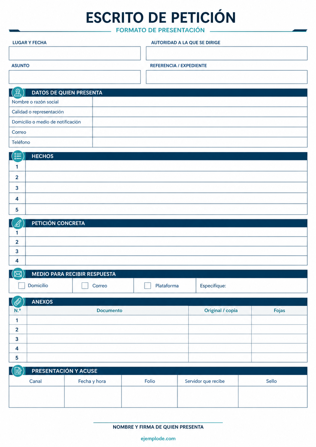 Formato vacío de escrito de petición con hechos, petición concreta, anexos y acuse