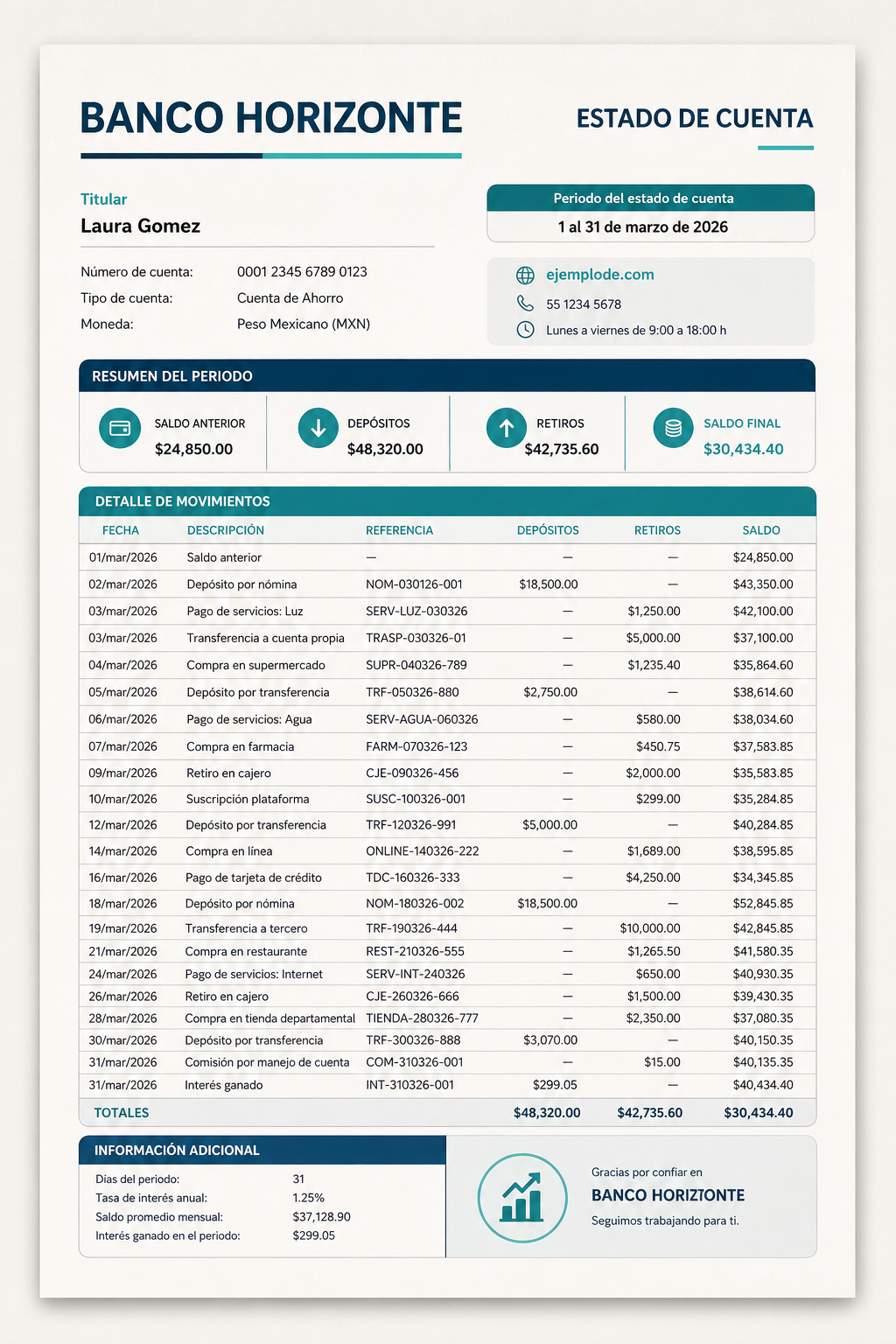 Estado de cuenta bancario ficticio en formato vertical