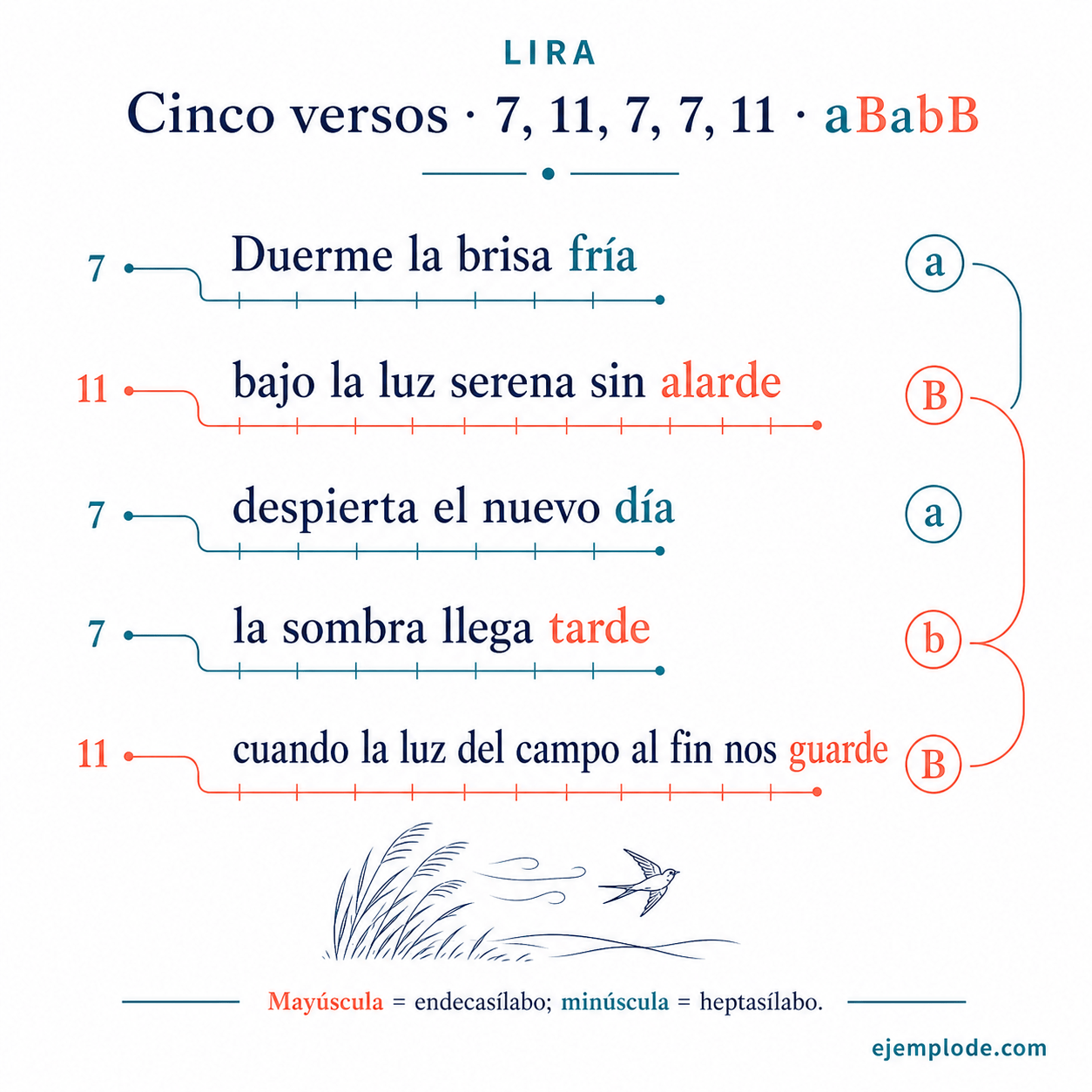 Explicación visual de Estrofa: Lira con sus elementos y un ejemplo