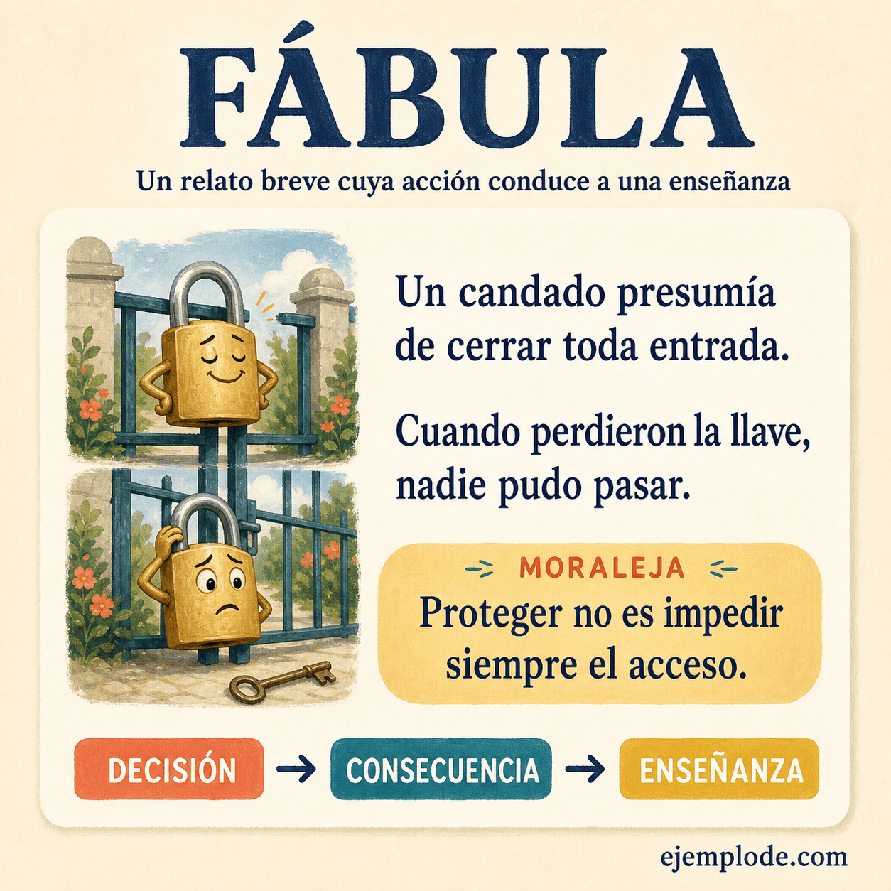 Explicación visual de Fábula con un ejemplo didáctico
