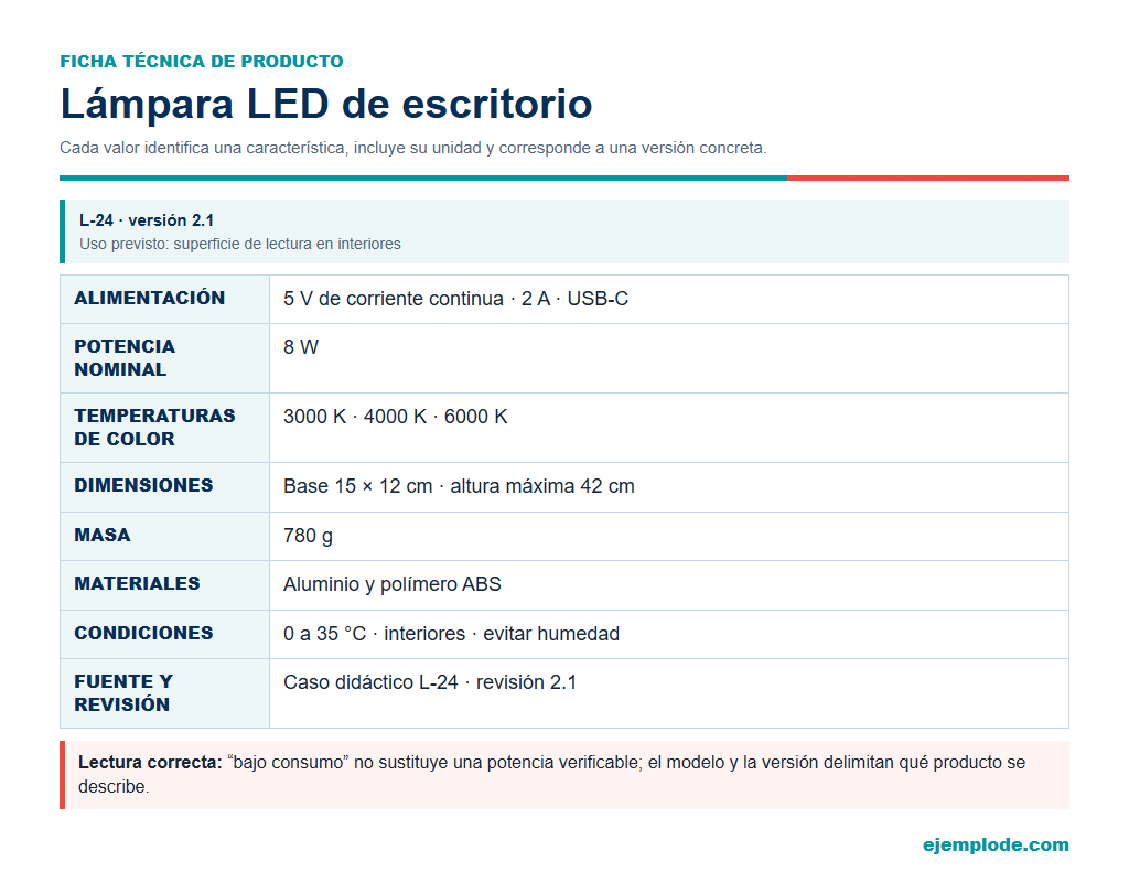 Ficha técnica de una lámpara LED: ejemplo de especificaciones y unidades