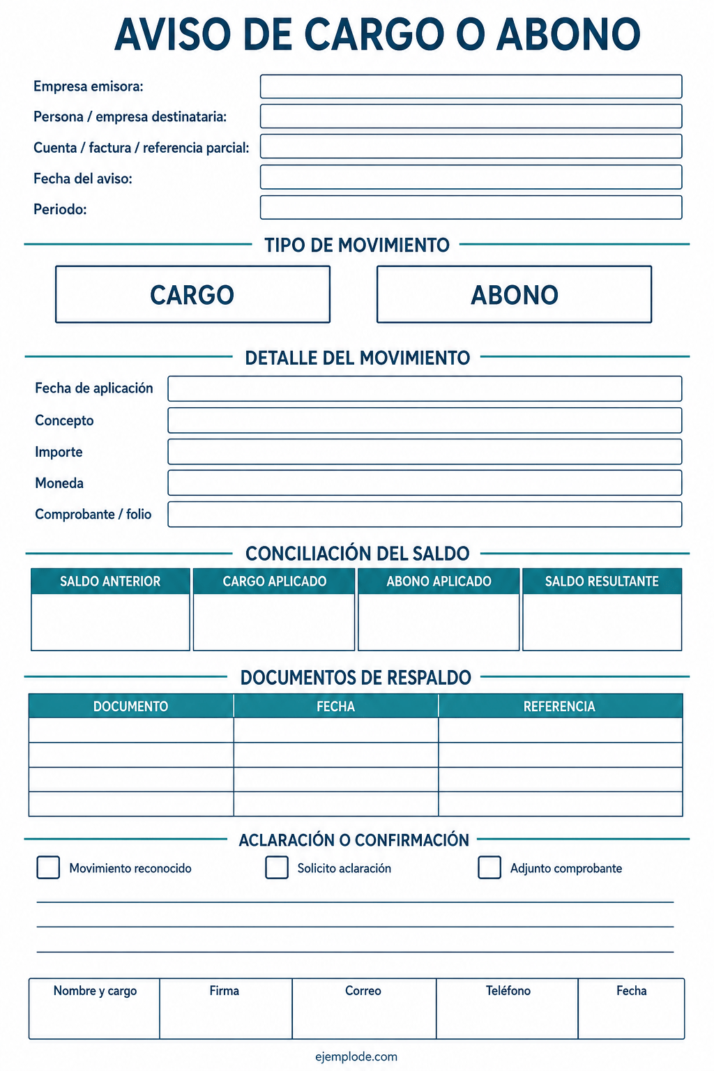 Formato vacío para registrar perspectiva, saldo anterior, cargo o abono, saldo resultante y comprobante