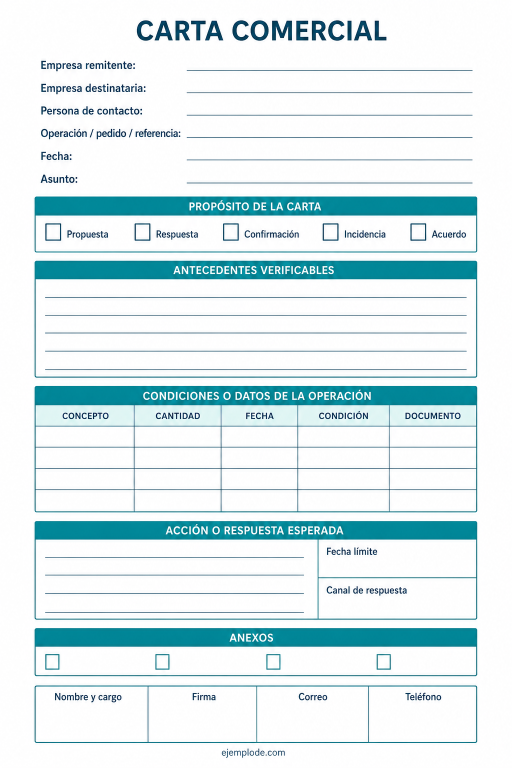 Formato vacío de carta comercial con propósito, antecedentes, condiciones y respuesta esperada