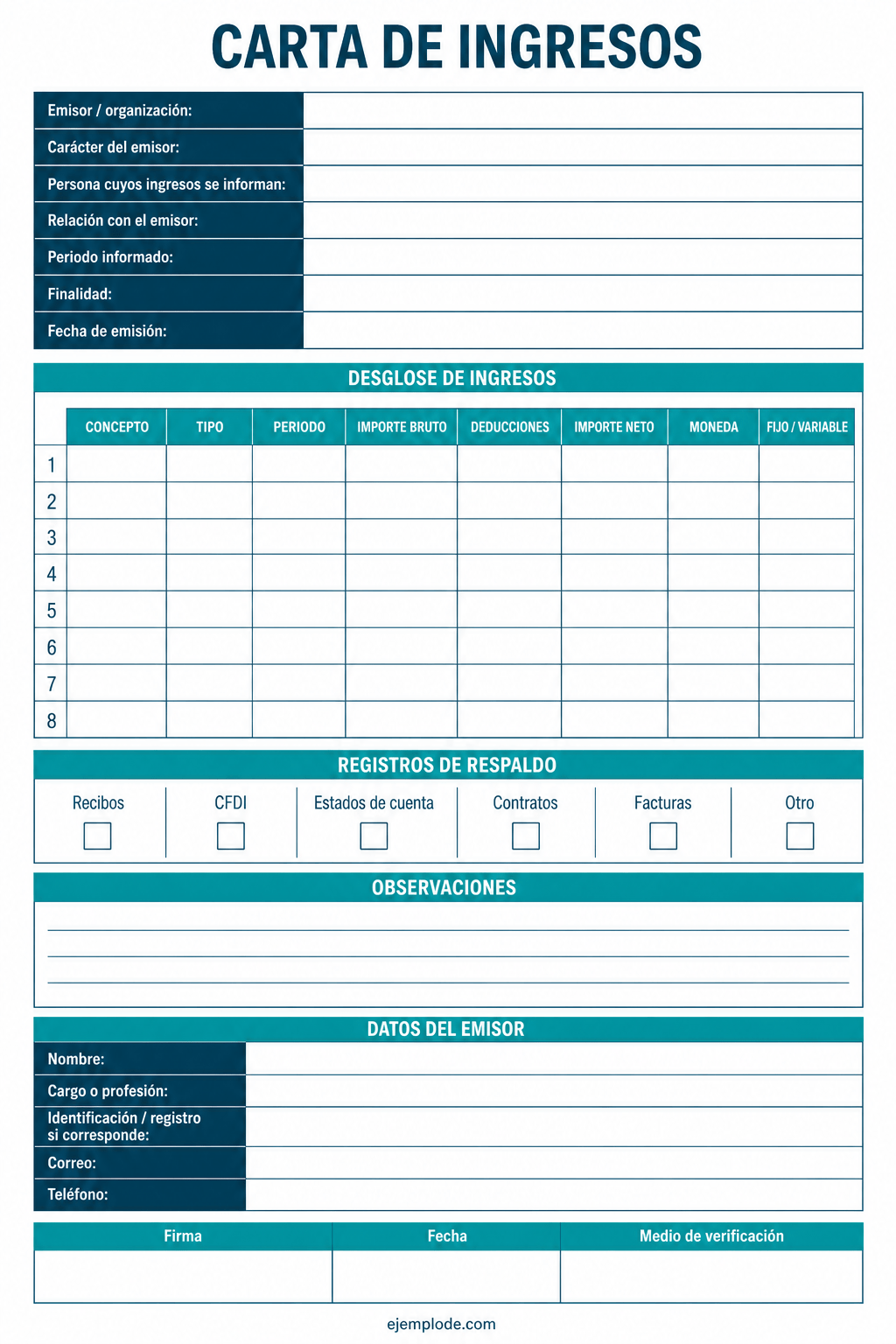 Formato vacío para registrar emisor, periodo, ingreso bruto, ingreso neto y respaldos
